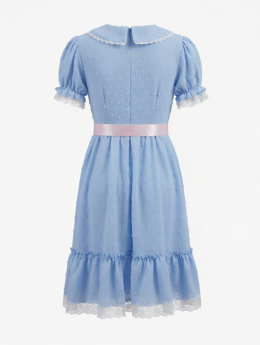 Robe Bohème Courte Bleu Ciel à Dentelle et Volants