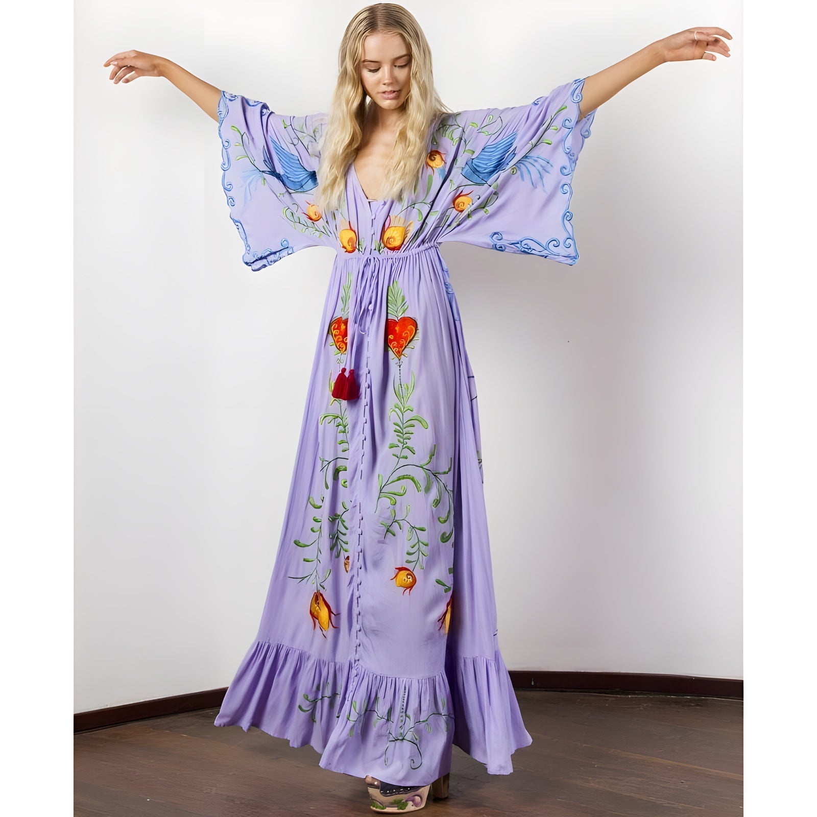 Robe Bohème Violette Maxi Broderie - S