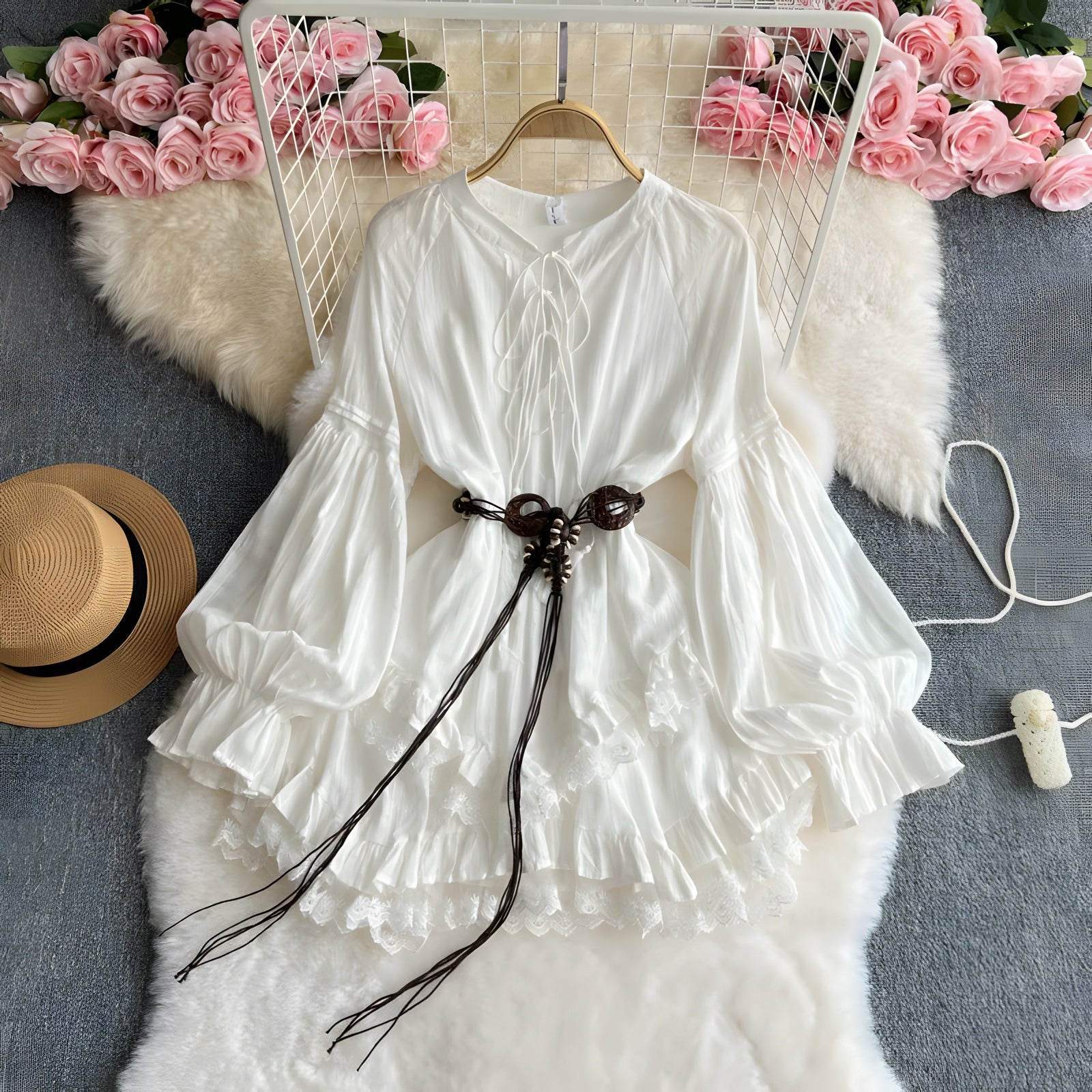 Robe Courte Bohème Blanche avec Ceinture
