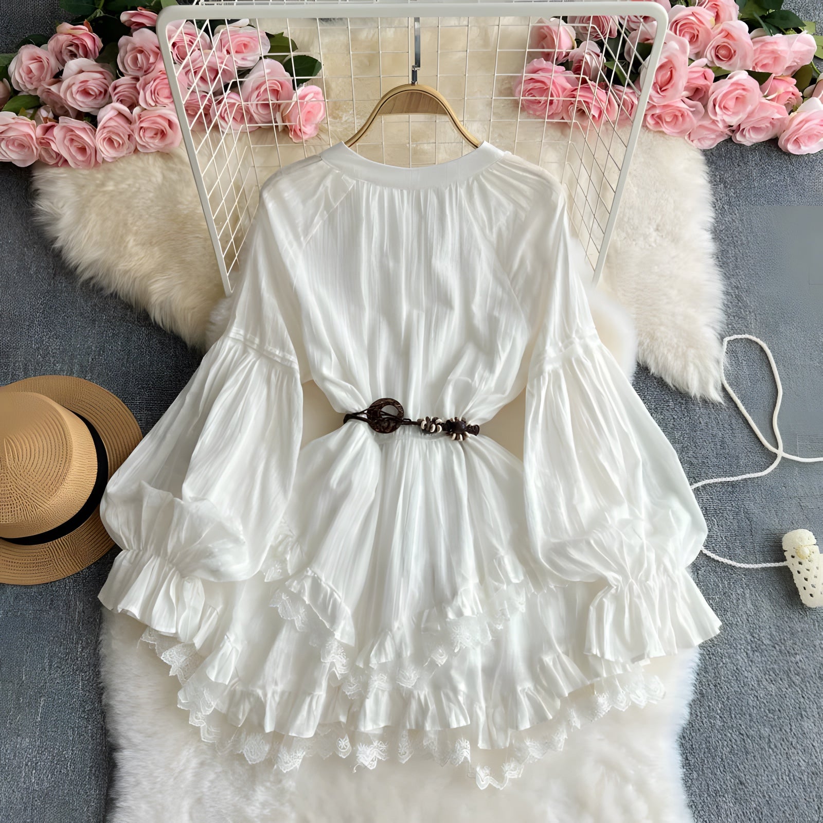 Robe Courte Bohème Blanche avec Ceinture