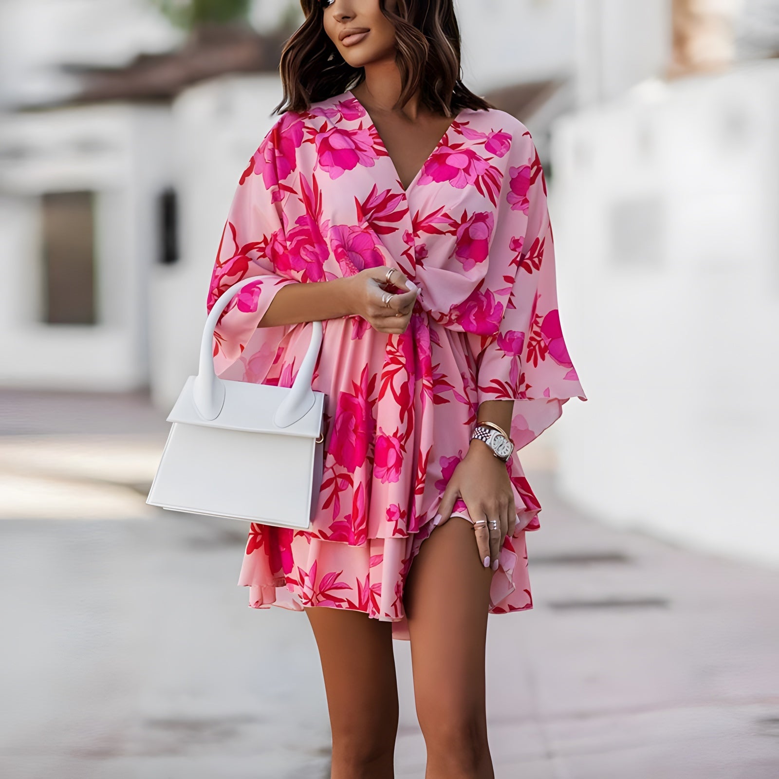 Robe Bohème Courte à Imprimé et Volants