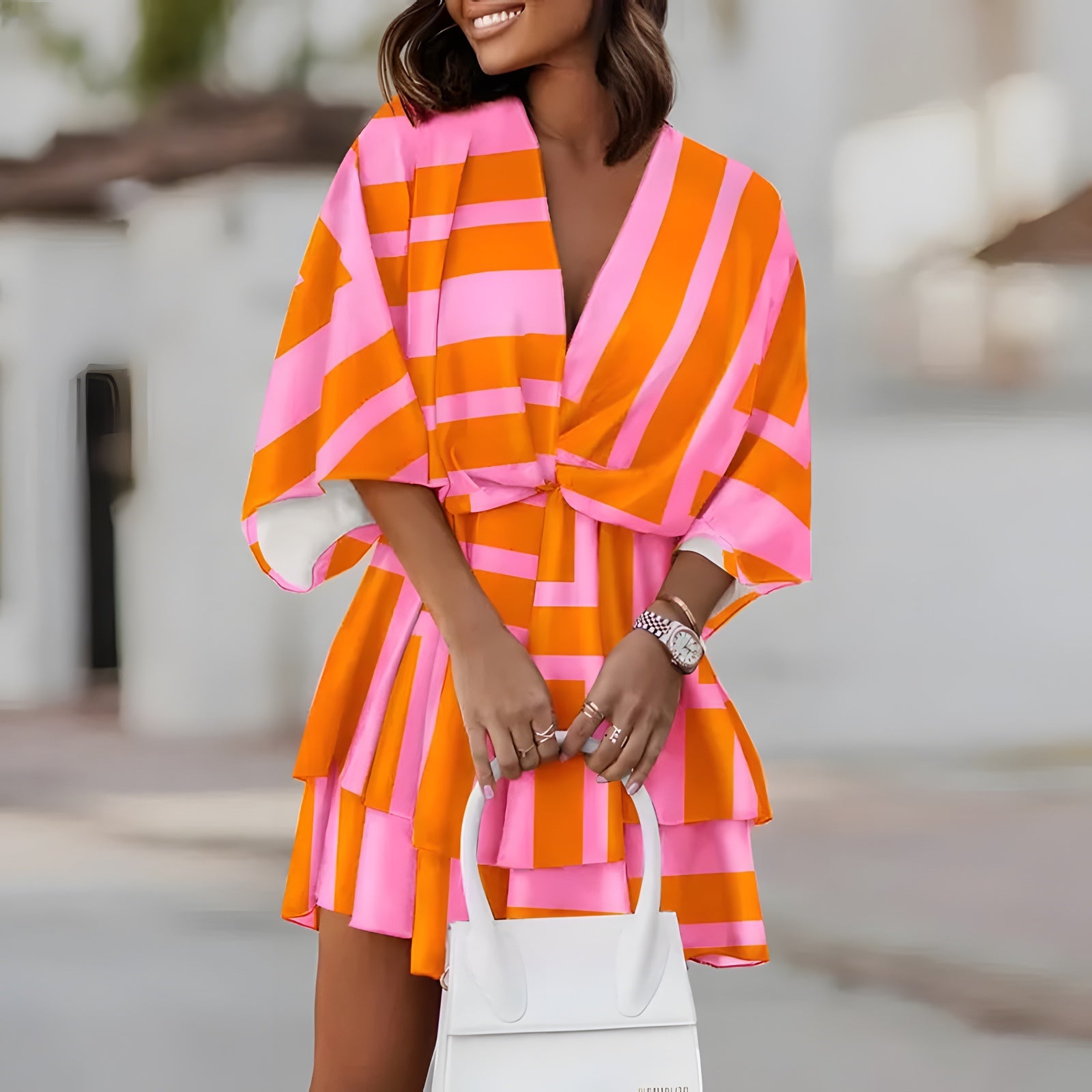 Robe Bohème Courte à Imprimé et Volants