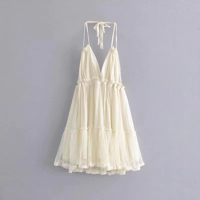 Robe Bohème Courte Dos Nu à Col Licou et Volants