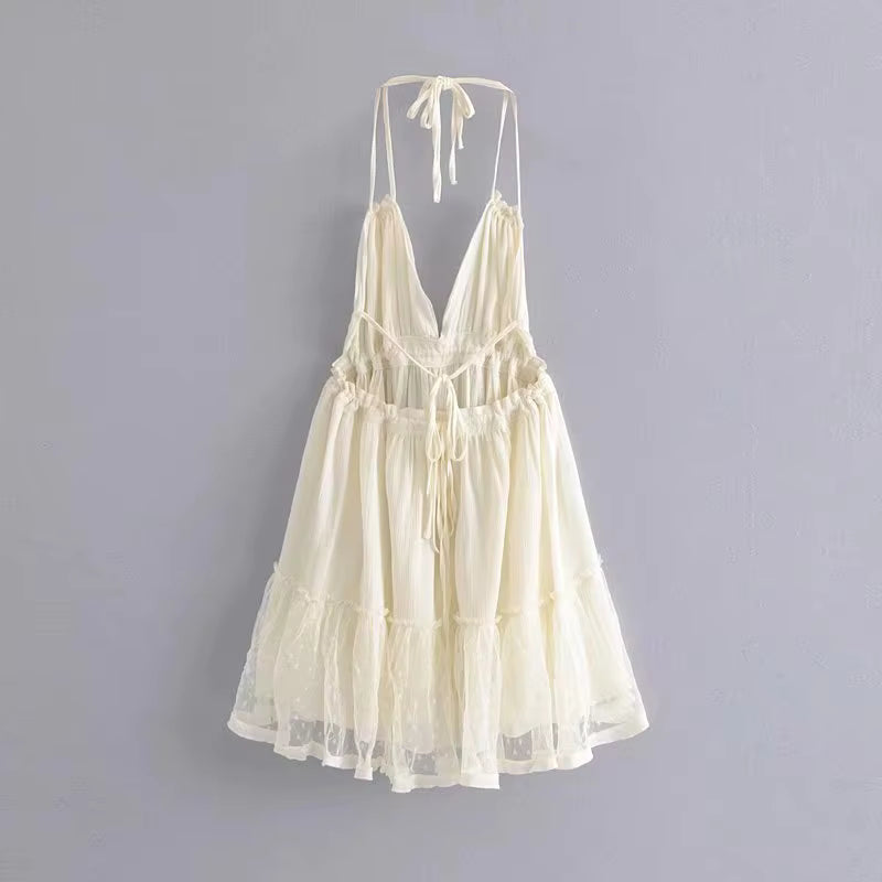 Robe Bohème Courte Dos Nu à Col Licou et Volants