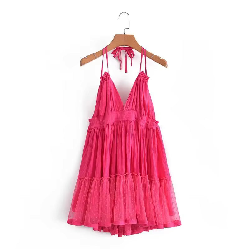 Robe Bohème Courte Dos Nu à Col Licou et Volants