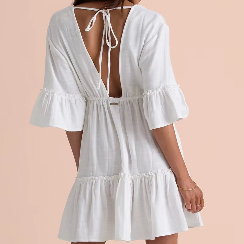 Robe Bohème Courte Blanche à Dos Nu et Volants