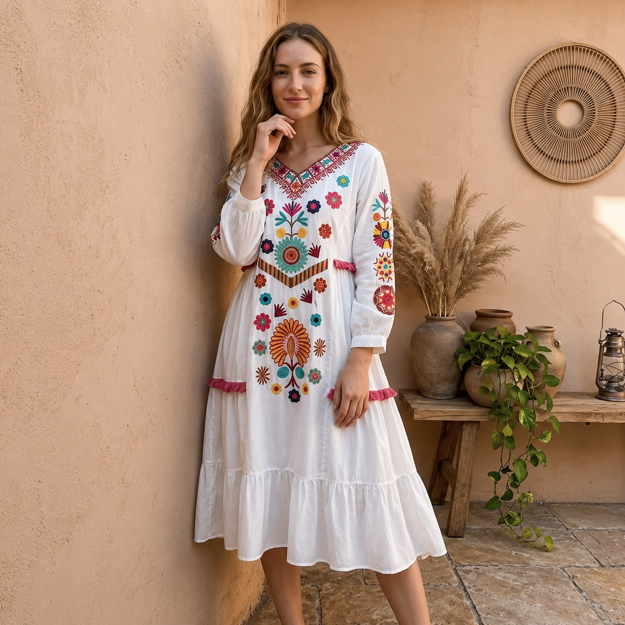 Robe Bohème Blanche Brodée Ethnique Midi