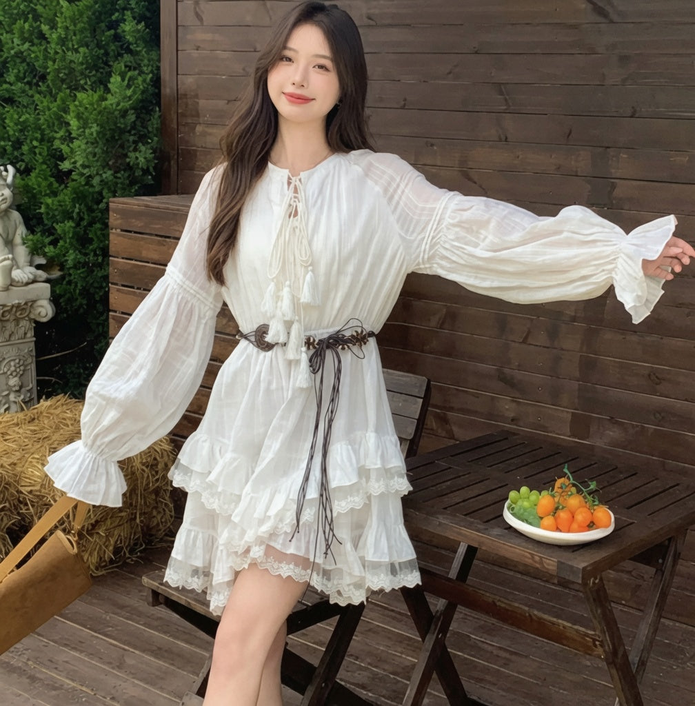 Robe Courte Bohème Blanche avec Ceinture