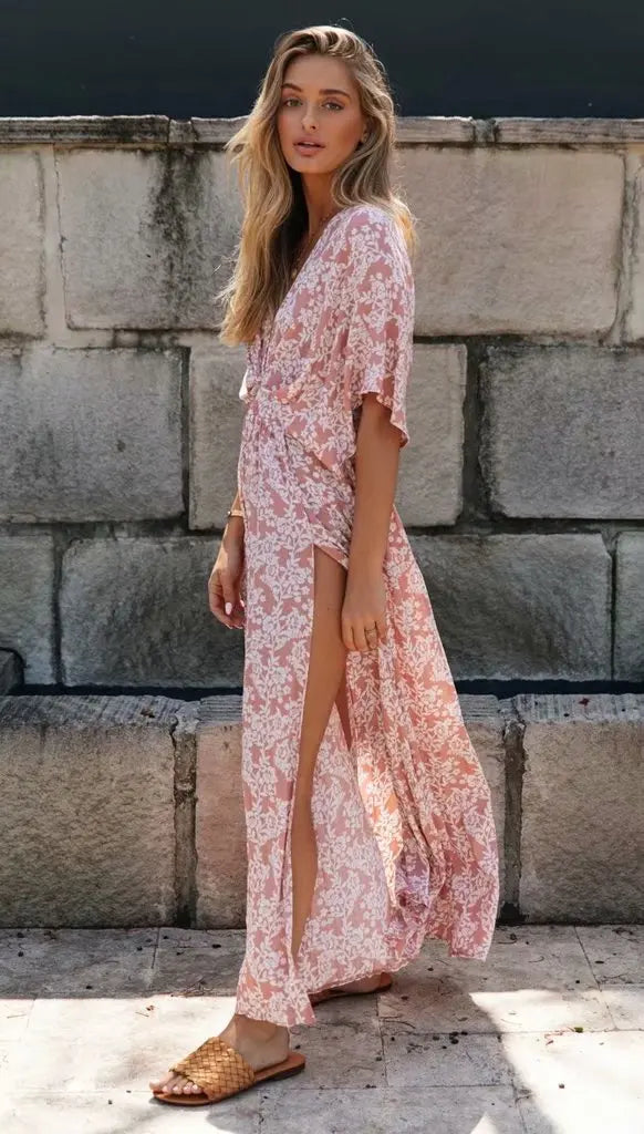 Robe Longue Bohème Fleurie Rose