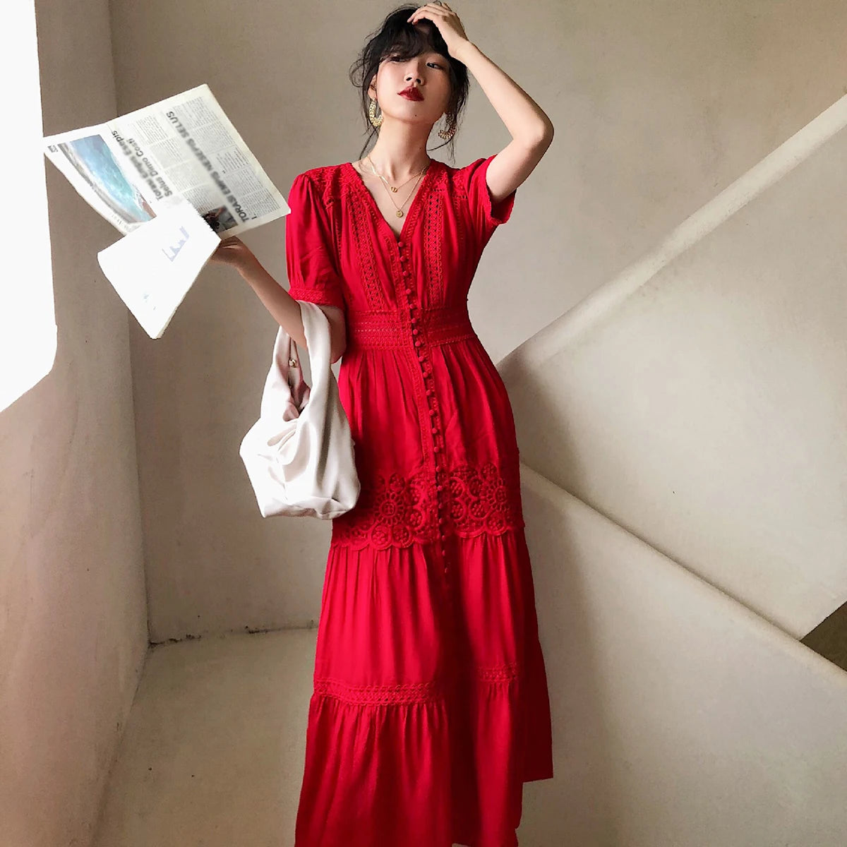 Robe Longue Bohème en Dentelle Col V