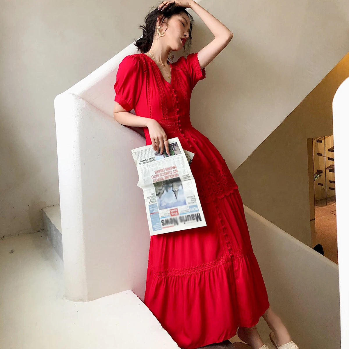 Robe Longue Bohème en Dentelle Col V