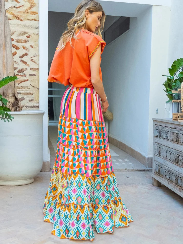 Jupe Longue Bohème Chic à Imprimés Multicolores
