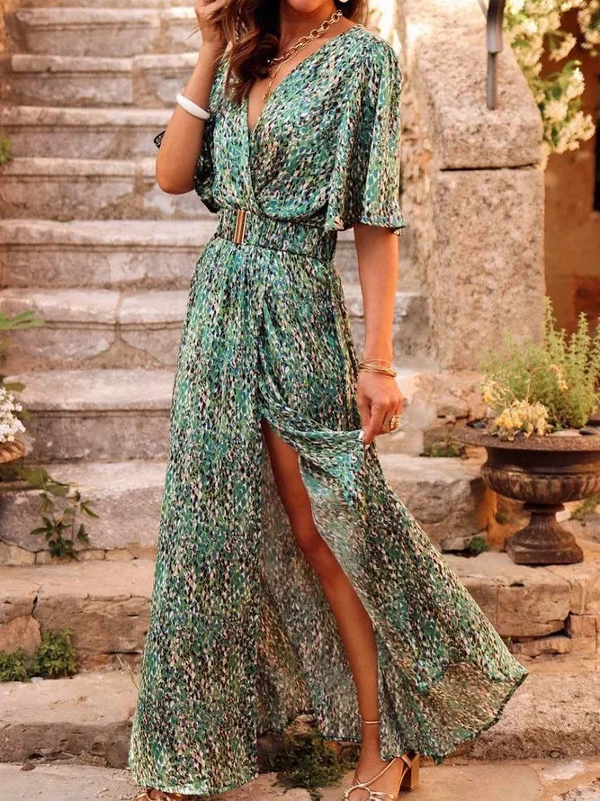 Robe Longue Bohème Fleurie Cache-Cœur à Fente