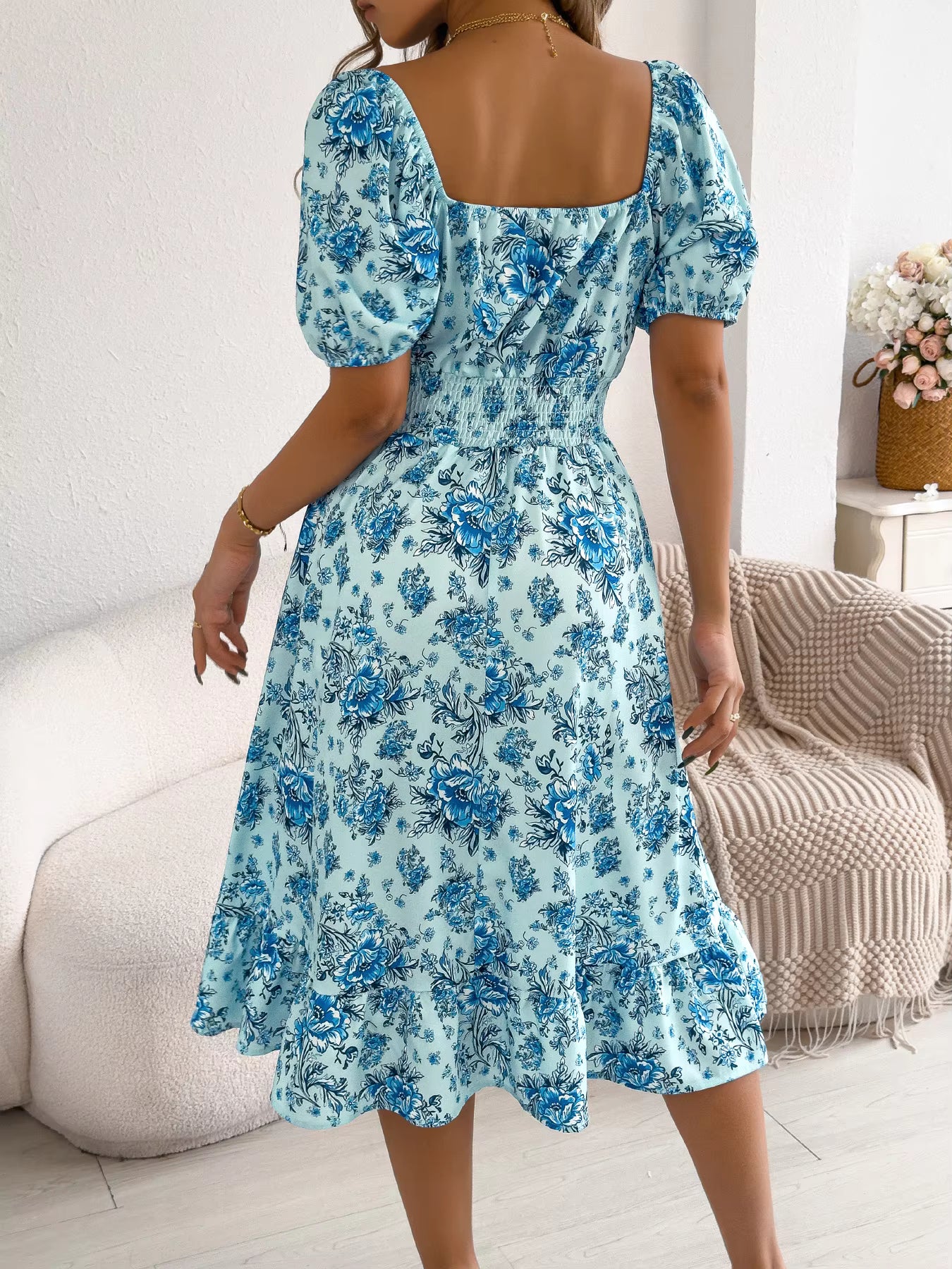 Robe Bohème Mi-Longue Imprimée Fleuri à Col Bardot