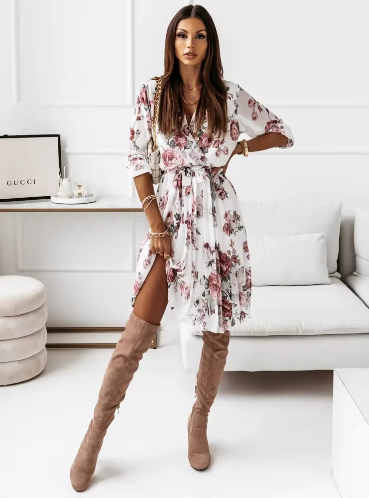 Robe Bohème Fleurie Blanche Courte à Ceinture Nouée