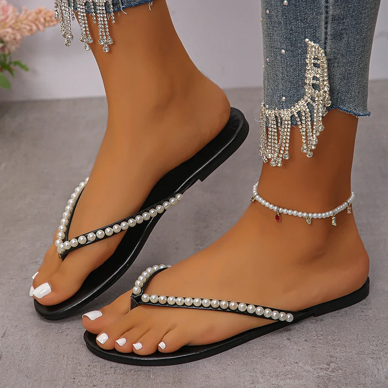 Sandales Bohèmes Plates à Perles Femme