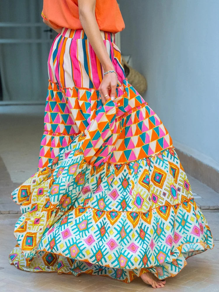 Jupe Longue Bohème Chic à Imprimés Multicolores