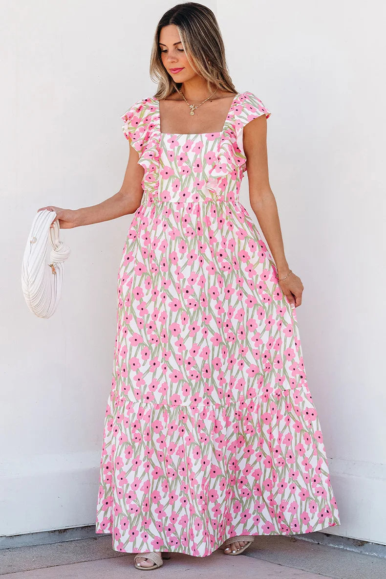 Robe Longue Bohème Chic Fleurie à Volants
