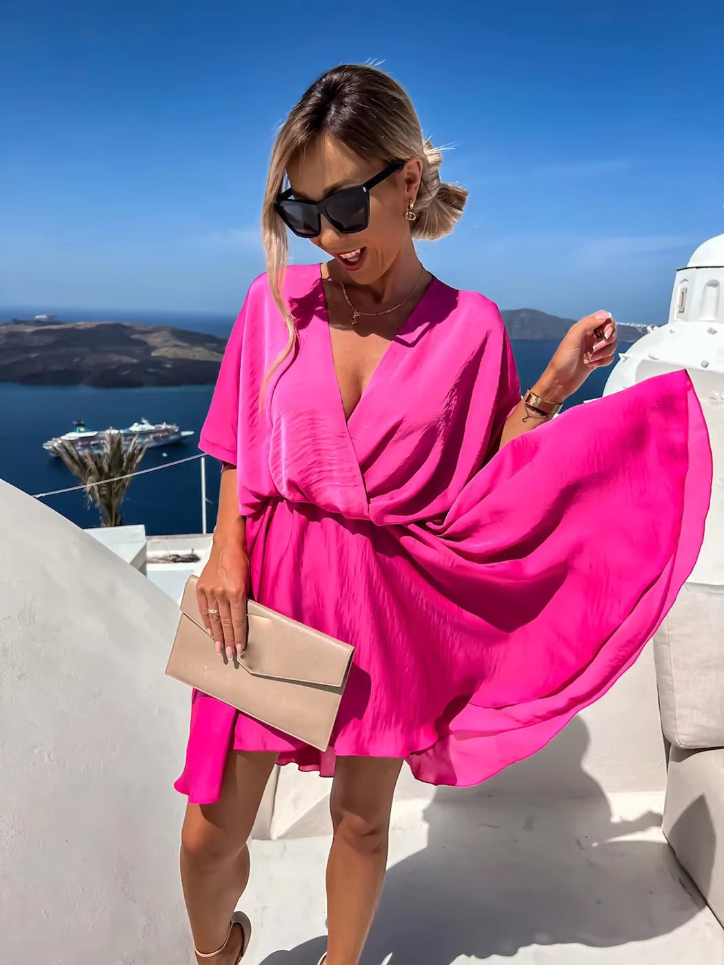 Robe Bohème Courte Fluide à Décolleté Croisé