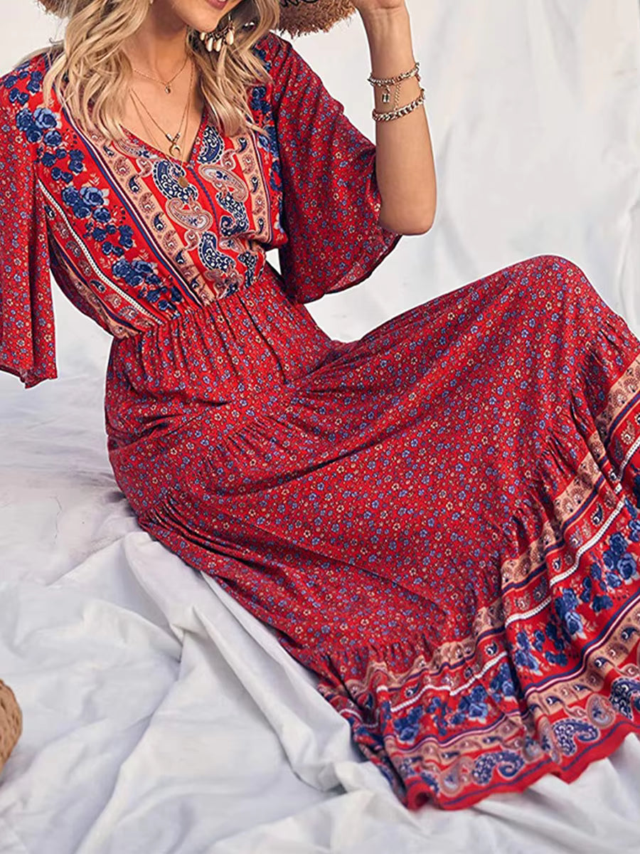 Robe Bohème Longue à Imprimé Ethnique et Manches Kimono
