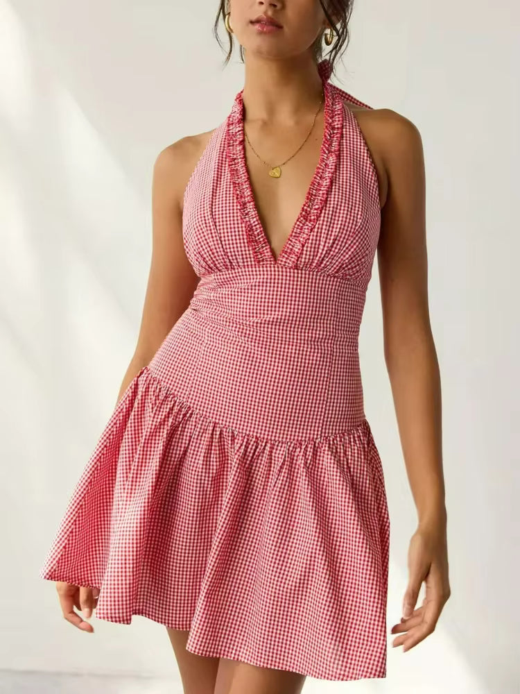 Robe Courte Vichy Rouge à Col Halter Volanté