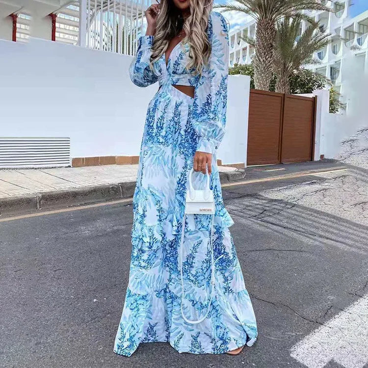 Robe Bohème Longue à Découpes et Imprimé Tropical
