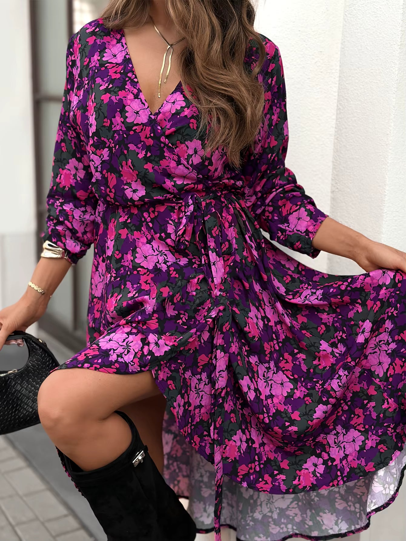 Robe Longue Fleurie Violet Fuchsia à Taille Nouée