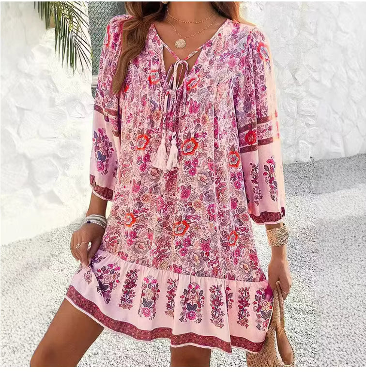 Robe Hippie Bohème Courte à Pompons Fleurie