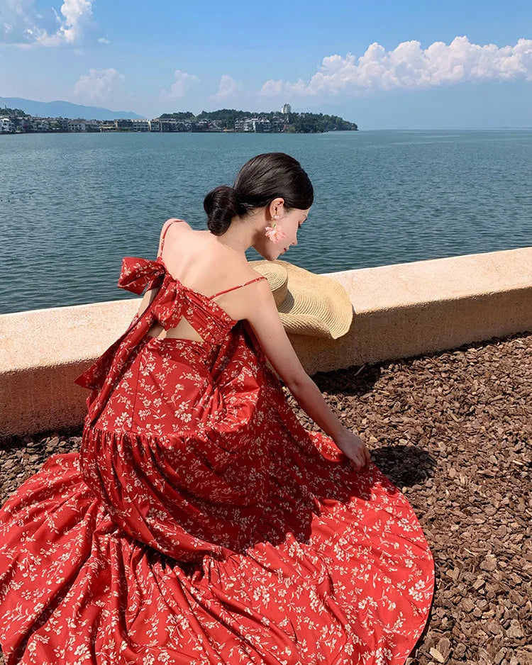 Robe Bohème Longue Rouge Fleurie à Dos Nu
