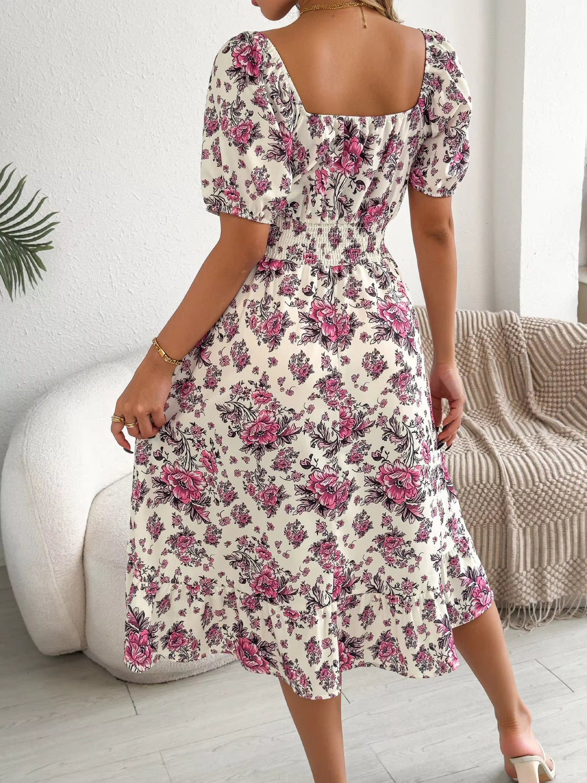 Robe Bohème Mi-Longue Imprimée Fleuri à Col Bardot