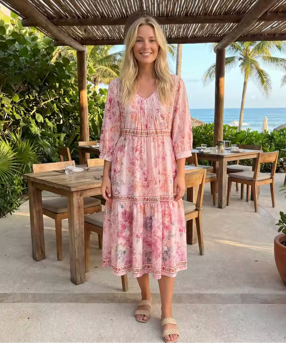 Robe Bohème Chic Midi Fleurie à Manches Longues