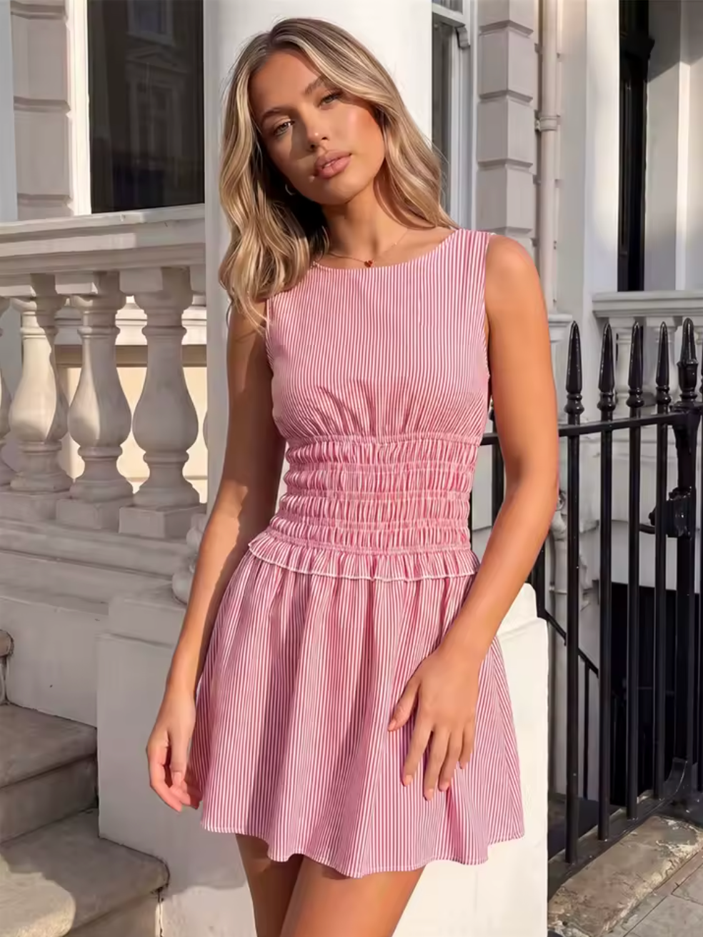 Robe Bohème Courte Rayée à Taille Smockée