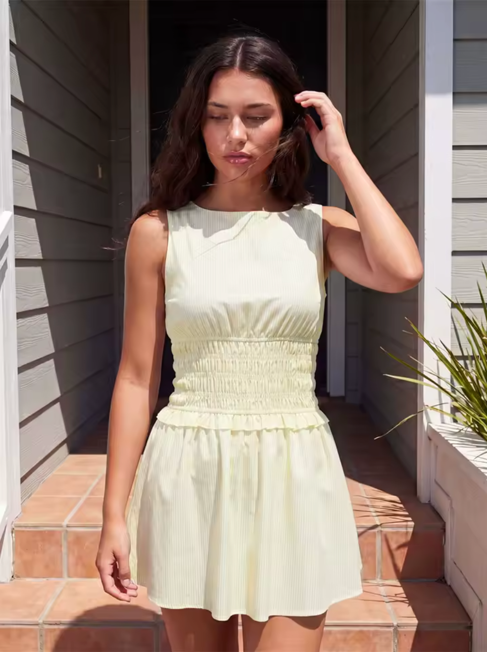Robe Bohème Courte Rayée à Taille Smockée