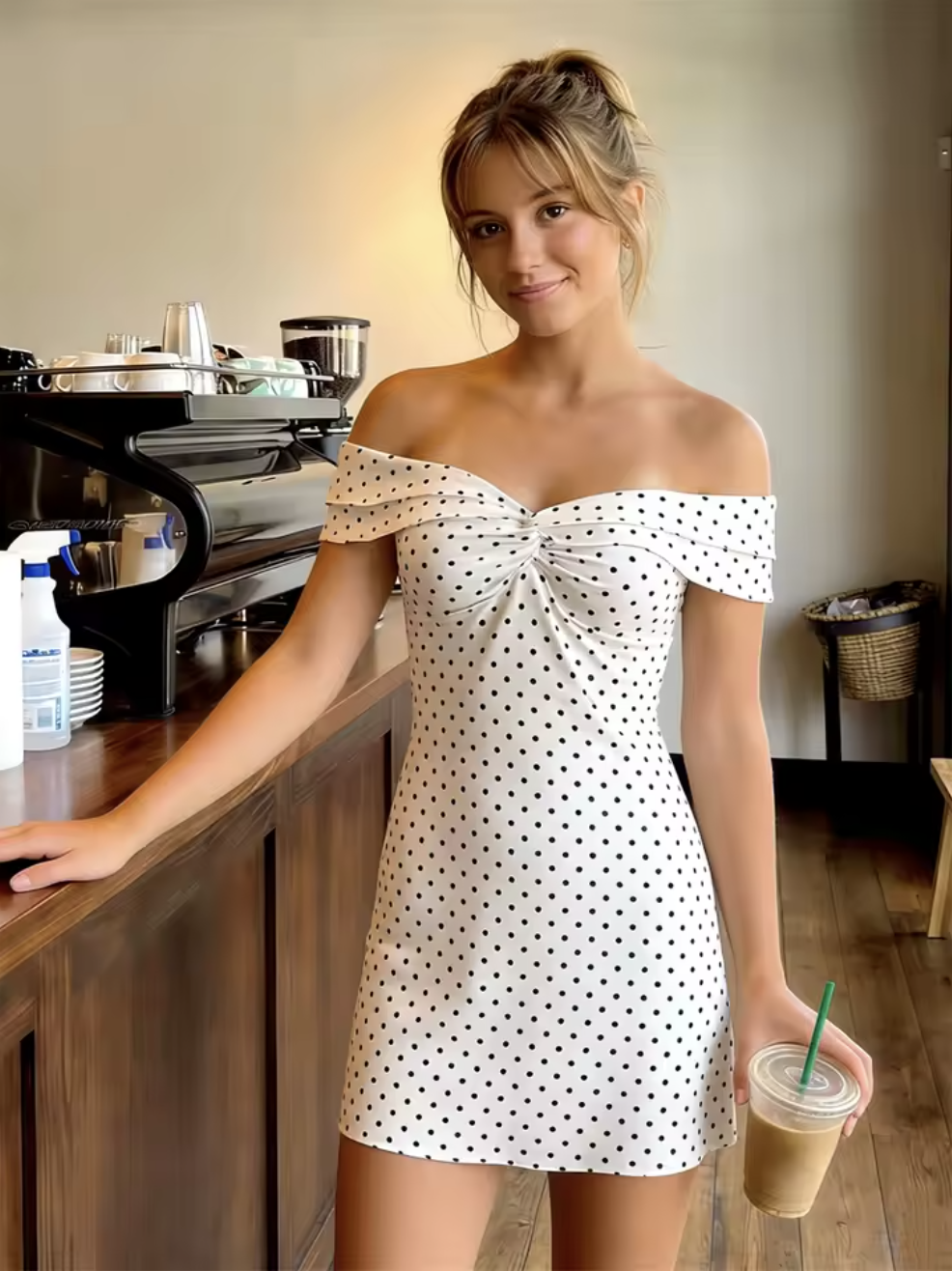 Robe Courte Bohème à Pois et Épaules Dénudées
