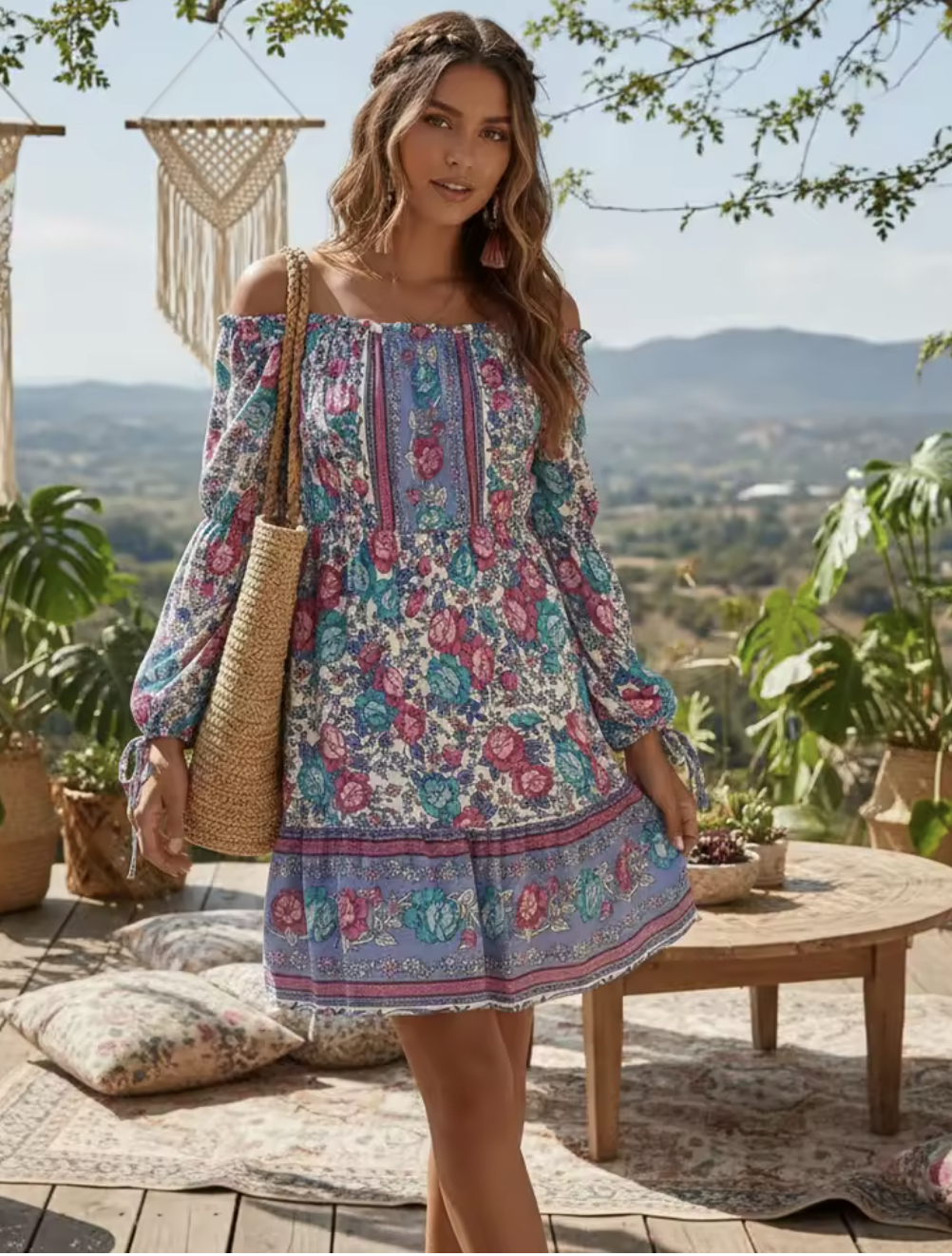 Robe Courte Bohème Hippie à Épaules Dénudées