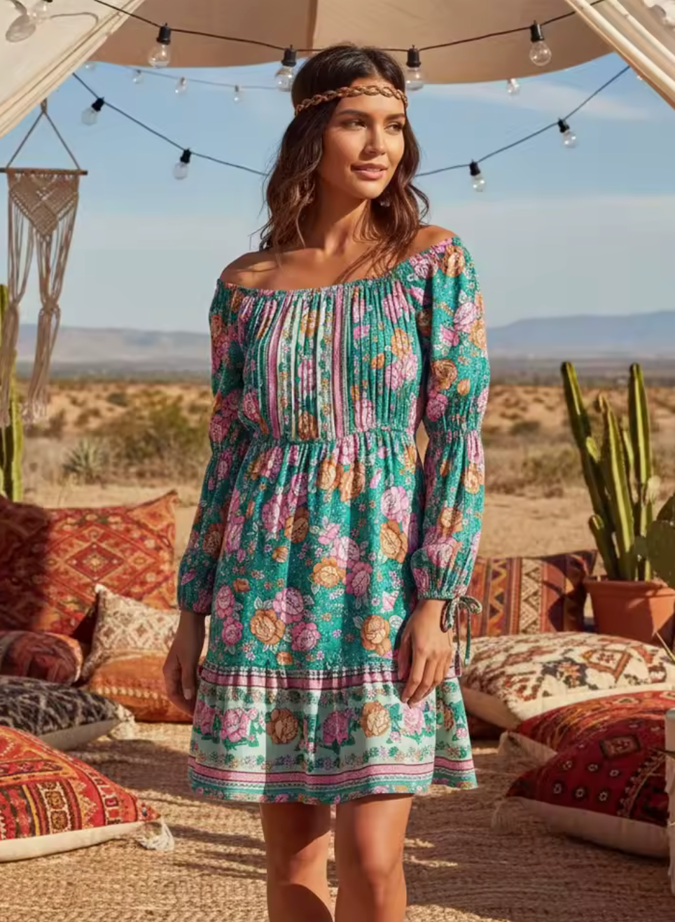 Robe Courte Bohème Hippie à Épaules Dénudées