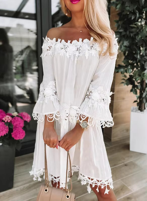 Robe Courte Bohème Épaules Dénudées à Broderies