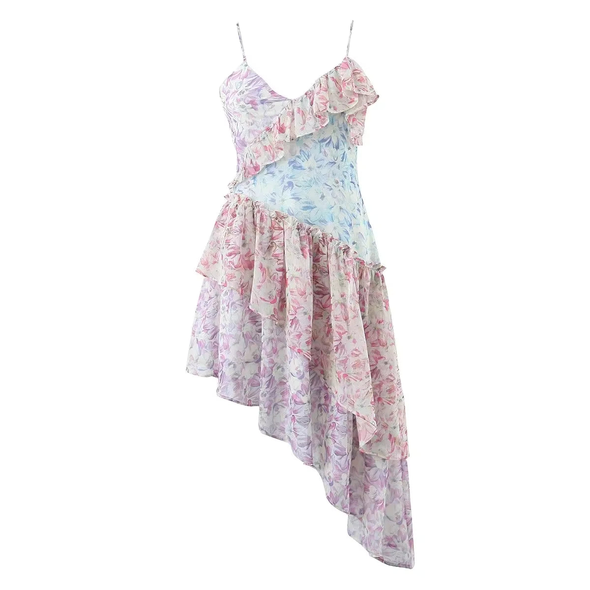 Robe Bohème Asymétrique à Volants et Imprimé Floral