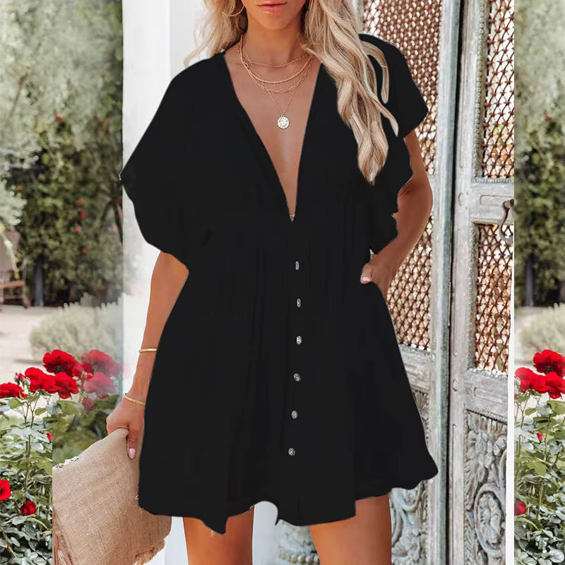 Robe Courte Bohème Boutonnée à Décolleté V Plongeant