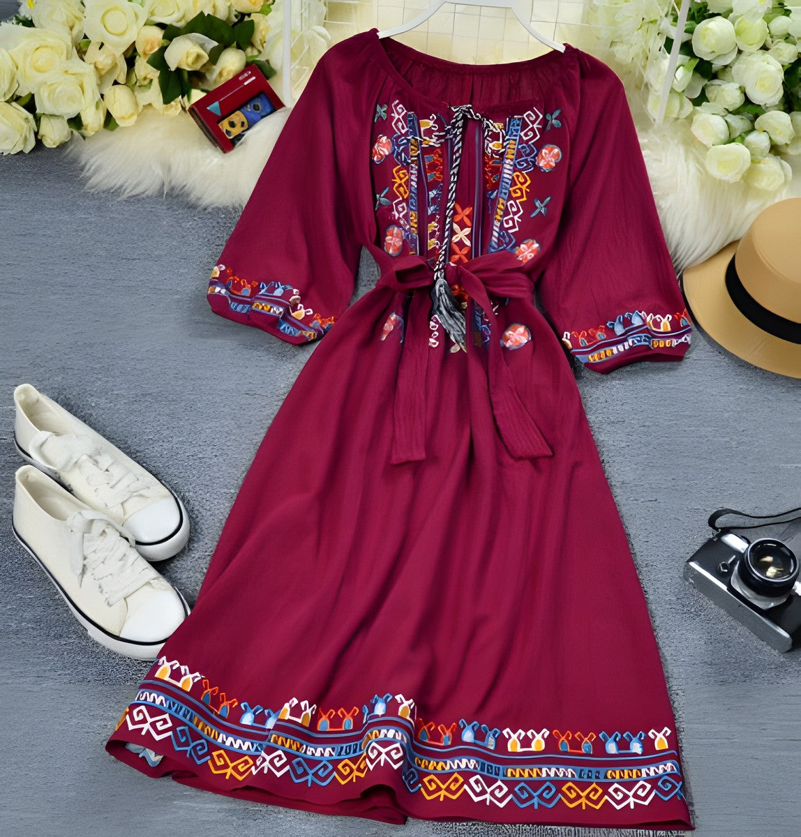 Robe bohème courte vintage bordeau