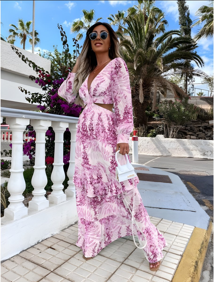 Robe Bohème Longue à Découpes et Imprimé Tropical