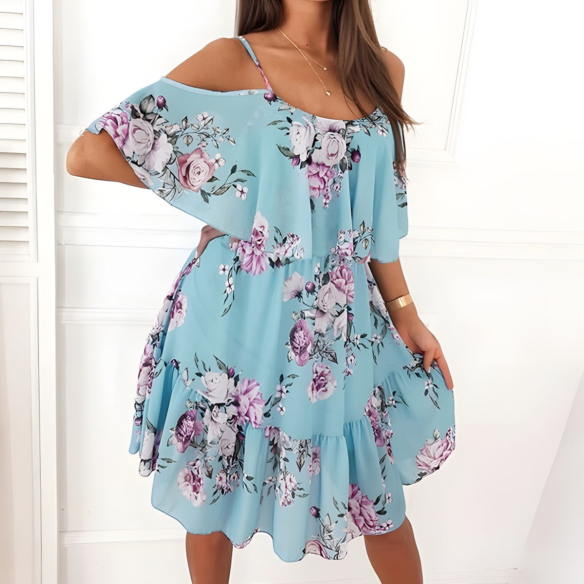 Robe Bohème Courte Fleurie à Épaules Dénudées