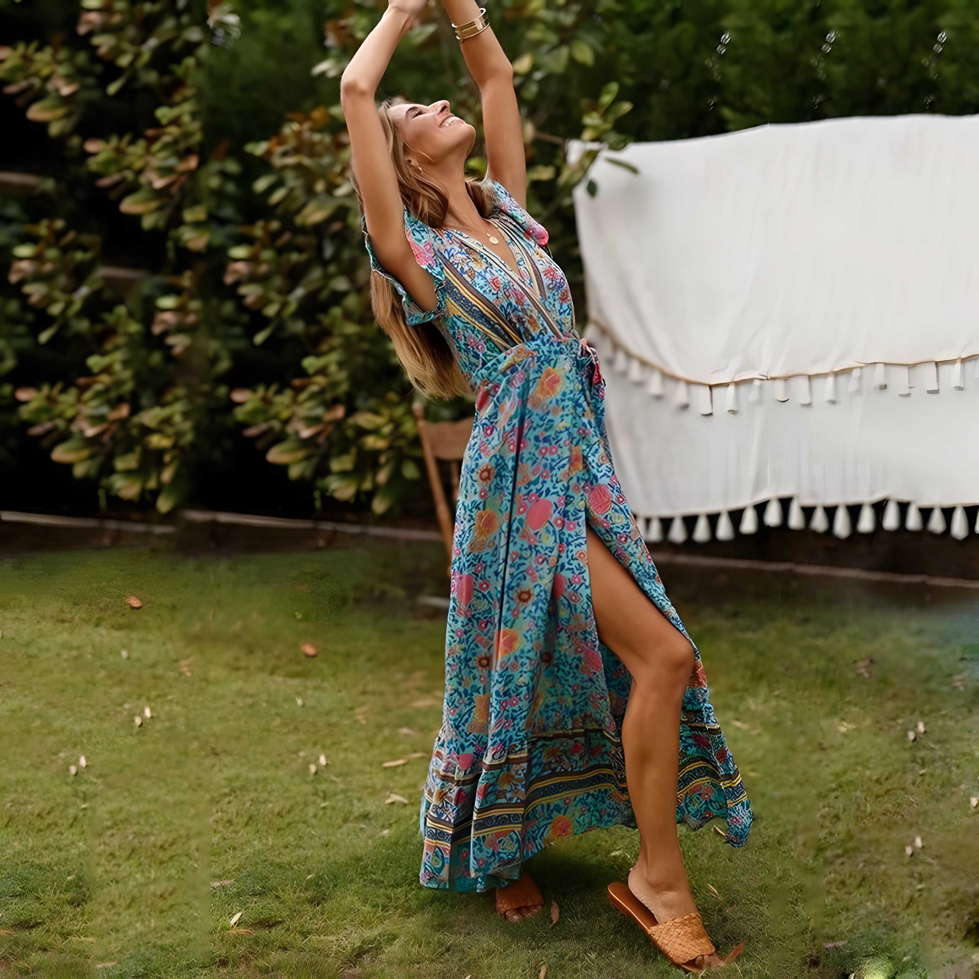 Robe Bohème Longue Fleurie Bleu Turquoise à Fente