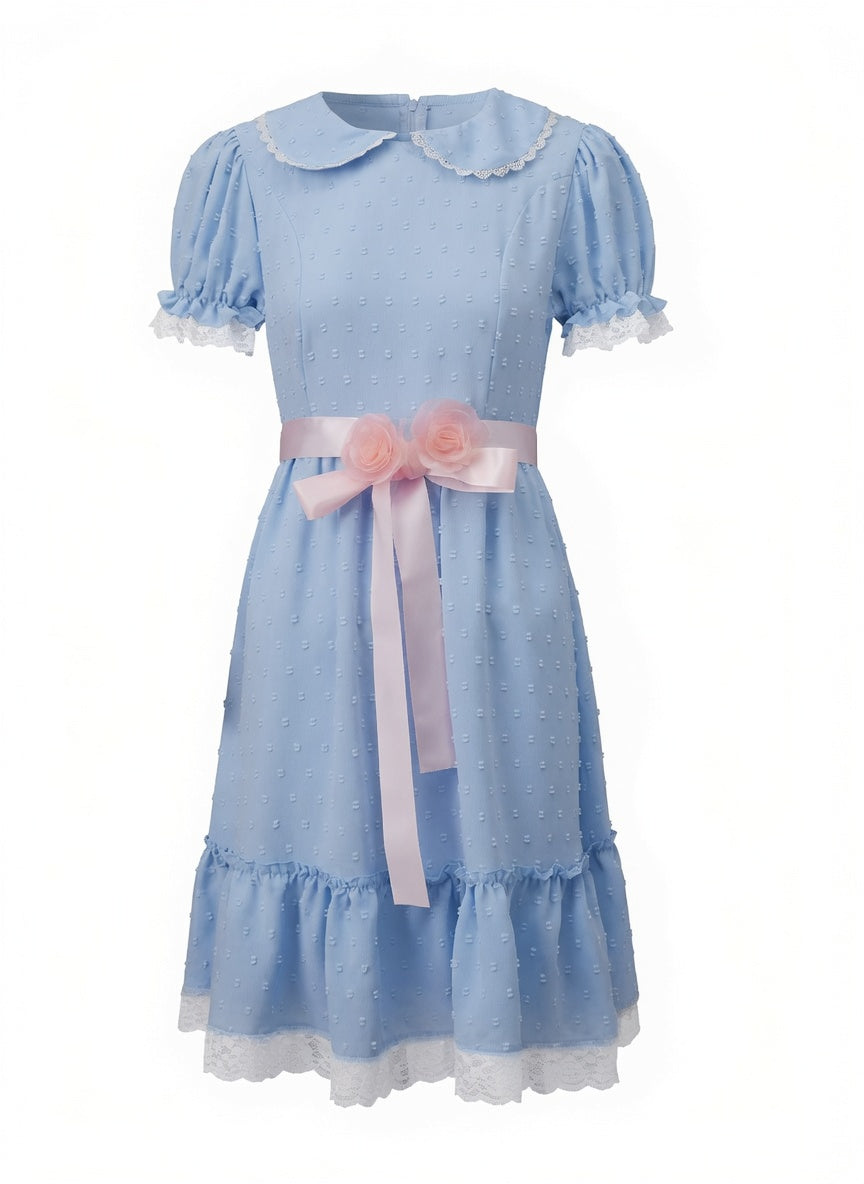 Robe Bohème Courte Bleu Ciel à Dentelle et Volants