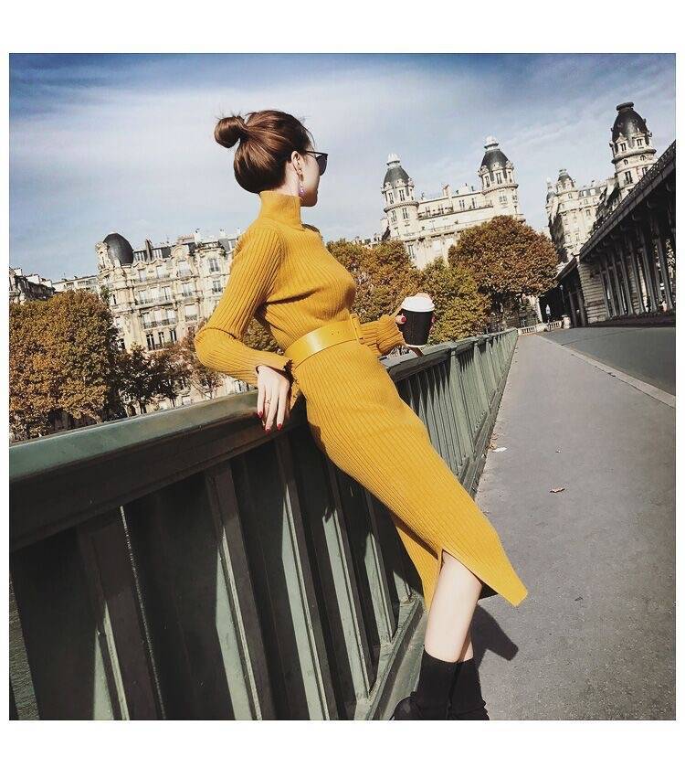 Robe pull jaune boheme chic