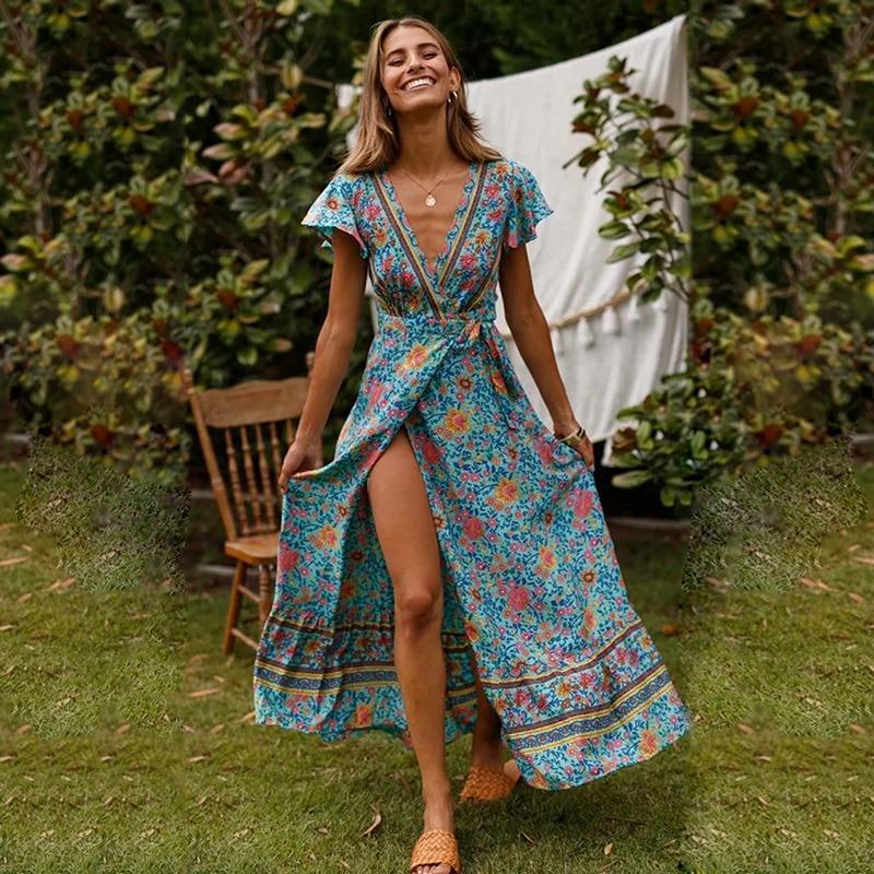 Robe Bohème Longue Fleurie Bleu Turquoise à Fente