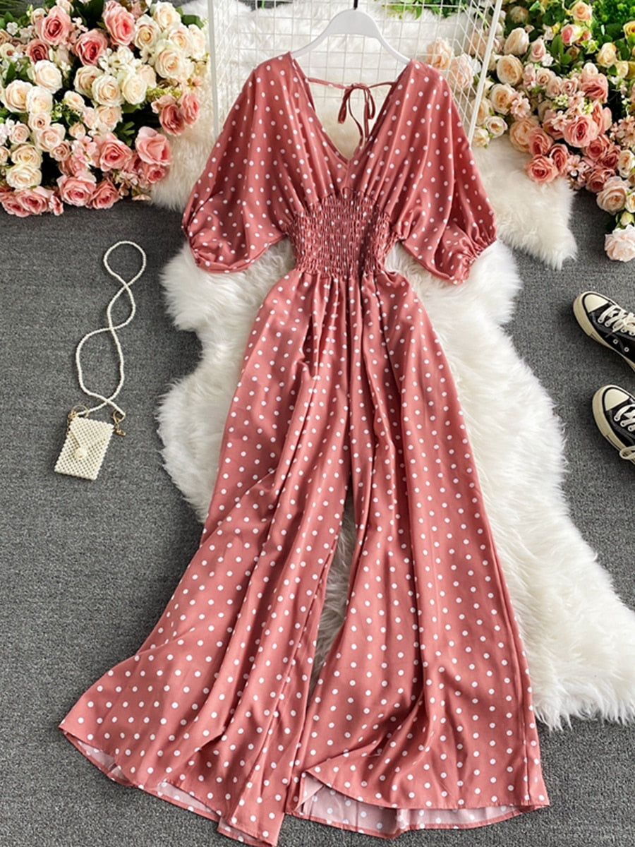 Combinaison Bohème à Pois Col V Taille Smockée