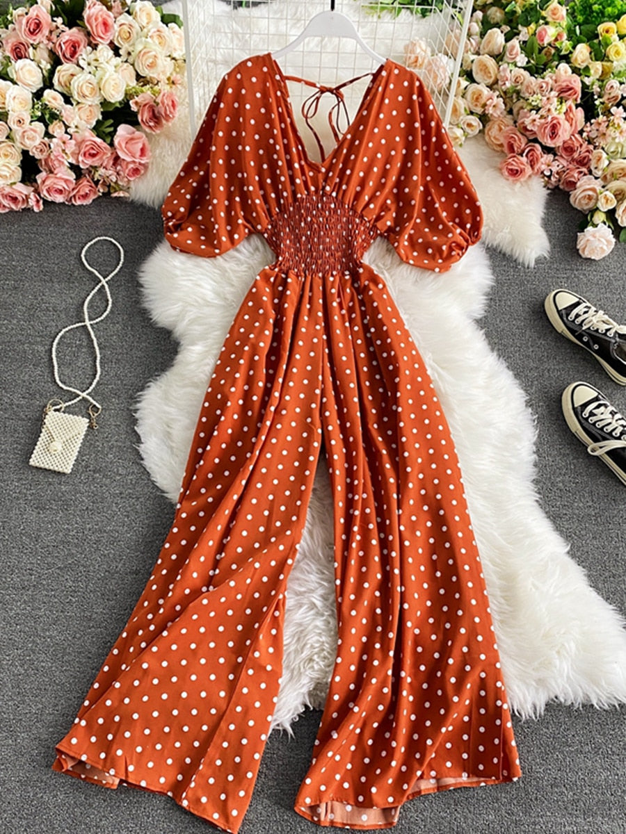 Combinaison Bohème à Pois Col V Taille Smockée
