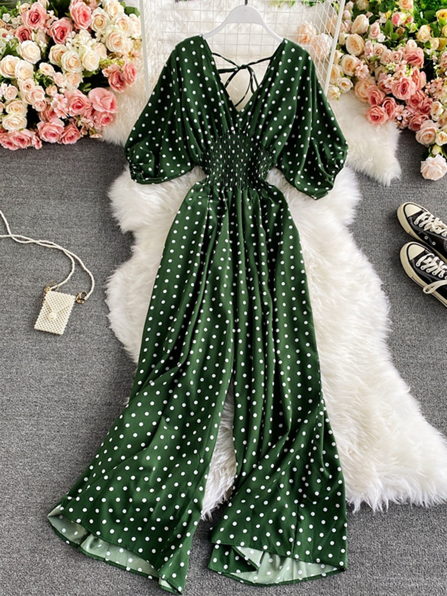 Combinaison Bohème à Pois Col V Taille Smockée