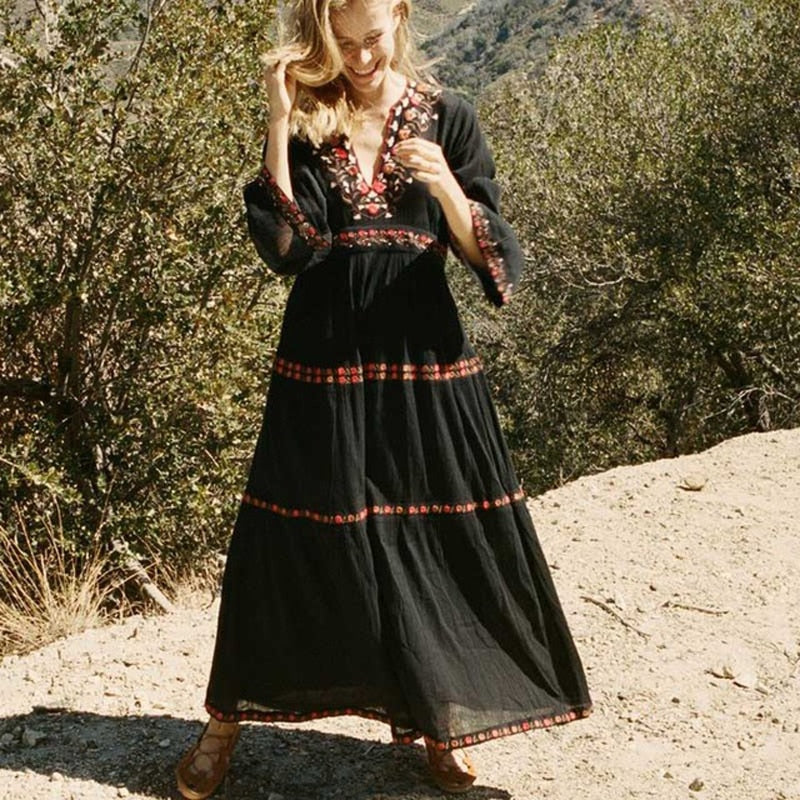 Robe Longue Bohème Dentelle Noire